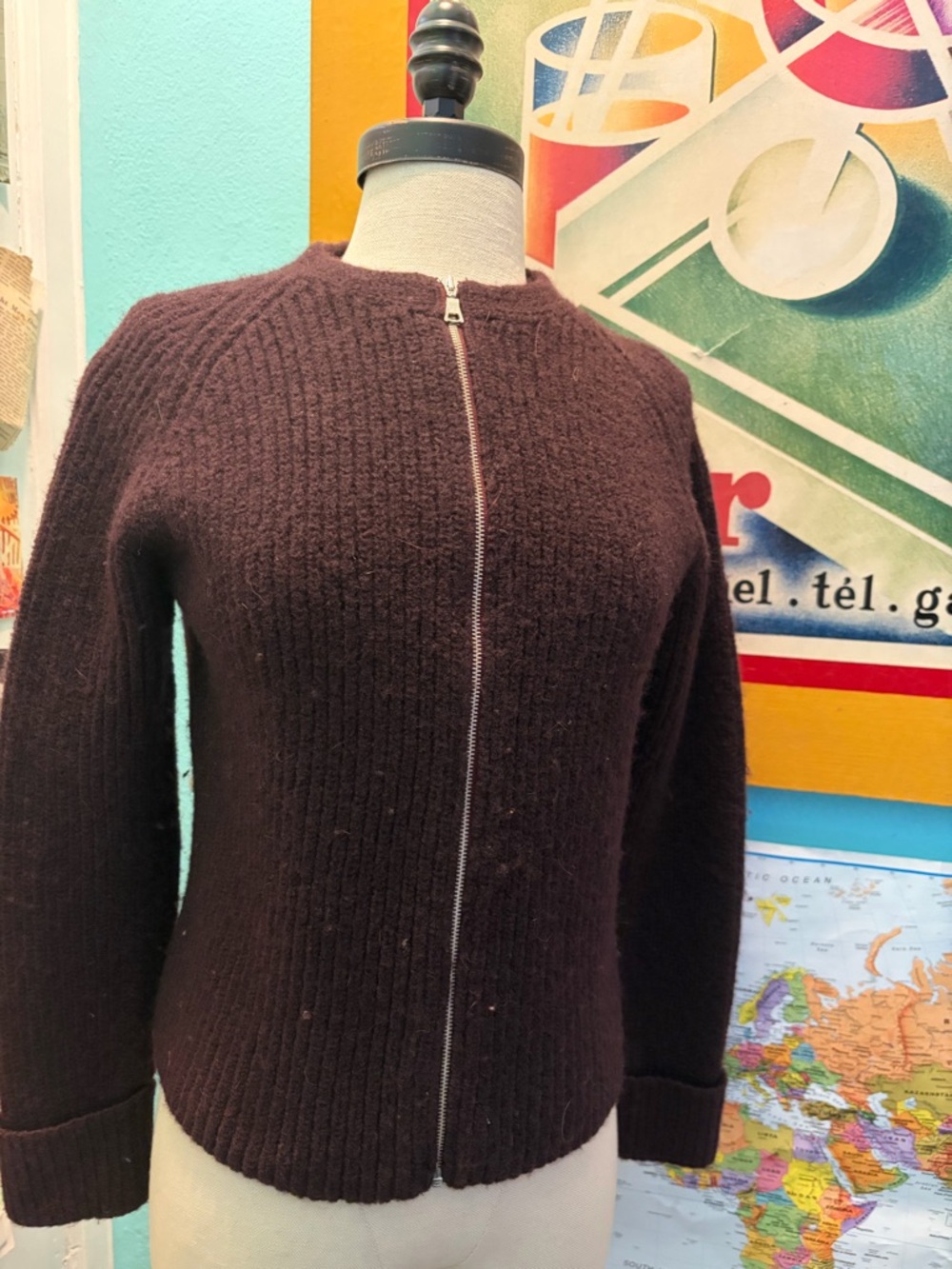 Banana Republic distressed Brown Wool Zip-Up Cardigan